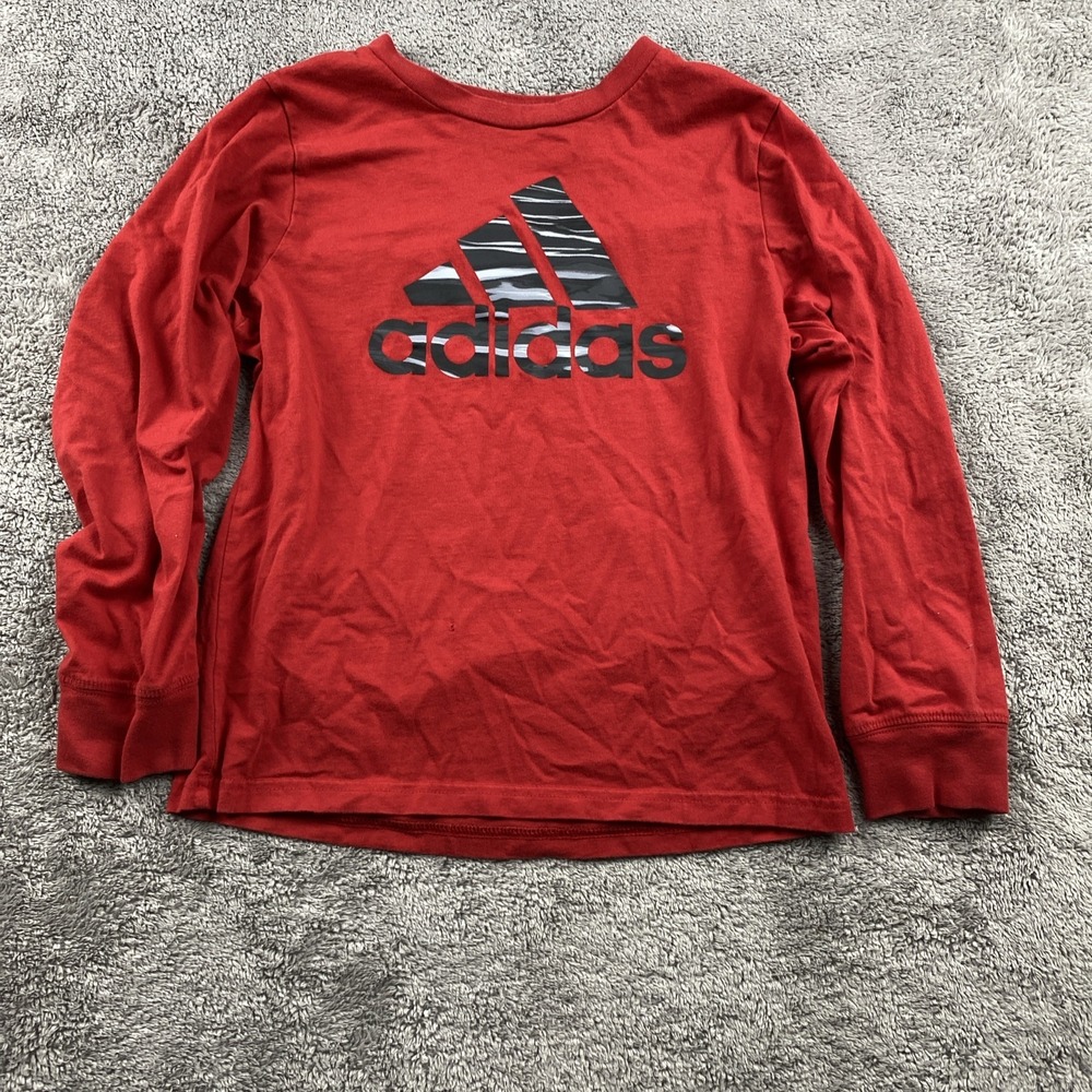 Adidas Long Sleeve T-Shirt Youth Boys Small Red Gray Striped Logo Regular Fit